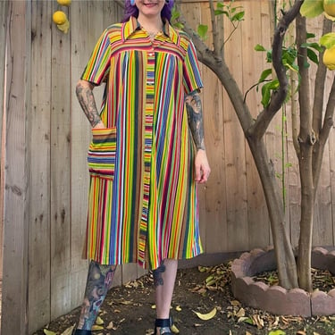 Vintage 1970’s Rainbow Terry Cloth Striped Muumuu Dress 