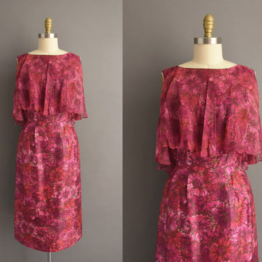 1950s vintage dress | Gorgeous Pink & Purple Floral Print Silk Cocktail Wiggle Dress | Small 