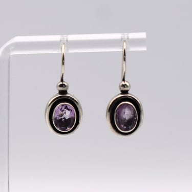 60's amethyst sterling shadow box dangles, mid-century oval 1.25 carat purple gems 925 silver earrings 
