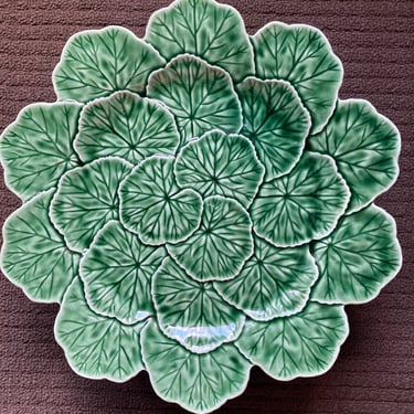 13” Cake Pedestal Platter Majolica Portugal Bordallo Pinheiro~ Green Geranium leaves Collectible French Country Kitchen 