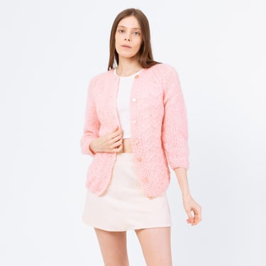 Vintage 60s Pastel Pink Mohair Knit Cardigan - Extra Small | Soft Girl Coquette Aesthetic, Light Pink Fuzzy Cable Knit Button Up Sweater 