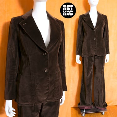 Dreamy Vintage 70s Dark Brown Velvet Two-Piece Pants & Jacket Suit Set 