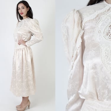 Scott McClintock Cream Victorian Dress / 80s Deco Wedding Gown / Vintage Plain Edwardian Tea Outfit 