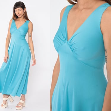 Long Grecian Dress 70s Bright Blue Gown Maxi Boho Deep V Neck Party Dress Prom 1970s Empire Waist Vintage Sleeveless Bohemian Small 