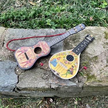 Vintage Davy Crockett Guitar + Metal Mandoline, Not Working, Vintage Mid-Century Kids Toys Wind Up 