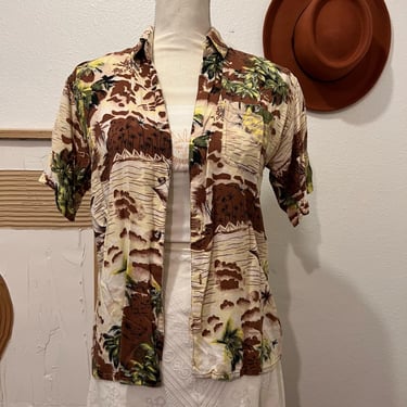 Vintage Hawaiian Tropical Neutral Retro Mod Short Sleeve Button Down Shirt 