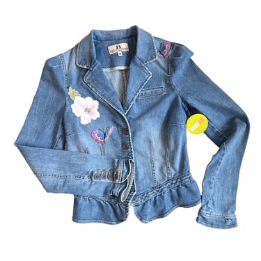 Juicy Couture Denim Jacket with Floral and Butterly Embroidered Appliqués, Coquette Style, Cropped Jacket, Boho Style, Y2K, Size M 