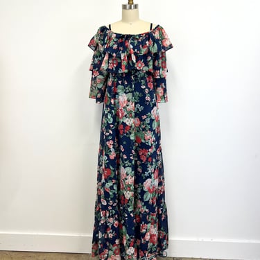 Vintage 1970s Floral Maxi Dress with Jacket | Pink Flowers on Navy Blue | Spaghetti Straps | Size Small 