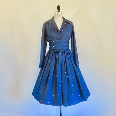 1950's Navy Blue and White Polkadot Raw Silk Fit and Flare Dress Full Skirt Long Sleeves Cumberbund Waist Manhattan Lady 28.5" Waist Med 
