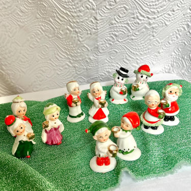 Vintage 60s Holiday Miniatures, Porcelain Ceramic, Santa Claus, Angels, Frosty, Elves, Wise Men, 11 Pc, Mid Century Christmas Decor 