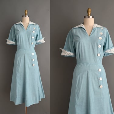 Vintage 1950s Dress | Vintage 1950s Chambray cotton Shirtwaist Dress | XL 