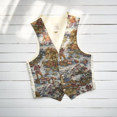 tapestry vest 80s 90s vintage Bass fly fishing novelty embroidered waistcoat 