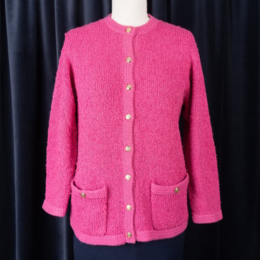 Vintage 80s Rose Pink Bouclé Knit Long Cardigan With Gold Buttons and Front Pockets 