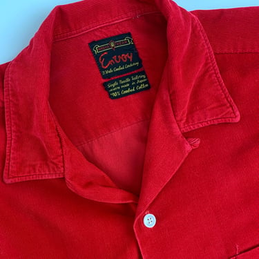 1950's Red Corduroy Shirt - ENVOY Wash & Wear - All Cotton - Made in Japan - Loop Collar - Men's Size Medium 