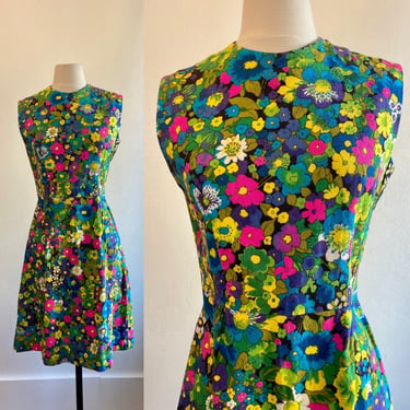 60s Vintage Mod FLOWER POWER BARKCLOTH Fit Flare Day Dress 