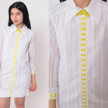 White Bowtie Dress 60s Mod Mini Dress Yellow Ribbon Trim Bow Tie Pointed Collar Long Sleeve Minidress Striped Collared Vintage 1960s Small S 