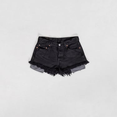 BLACK LEVI'S DENIM Ripped Worn In Shorts Cut Offs Baggy Boyfriend Button Fly Super Short Long Pockets / Small 