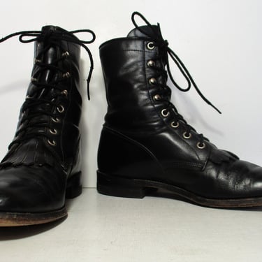 Vintage 1990s Justin Lace Up Roper Boots, Size 7 1/2B Women, black leather western boots 