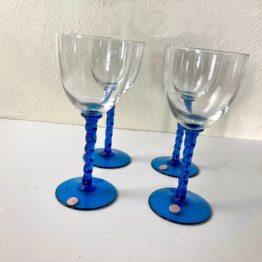 Vintage 60s Set of Four Twisted Stem Wine Glasses Made In Italy 