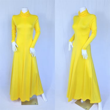 Joy Stevens 1970's Bright Yellow Turtle Neck Long Slinky Maxi Dress I Sz Med 