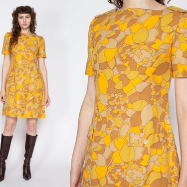 Sm-Med 60s 70s Yellow Floral Shift Dress | Retro Vintage Short Sleeve Mini Dress 
