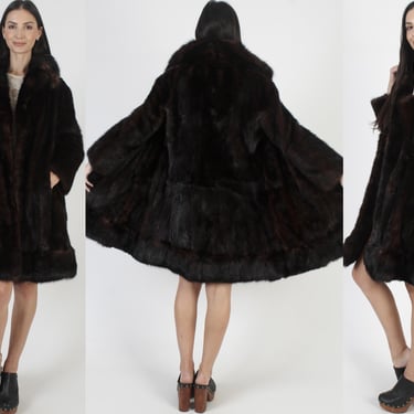 Mid Length Dark Brown Mink Coat, Real Sable Shawl Collar, Vintage 80s Luxury Black Fantasy Jacket 