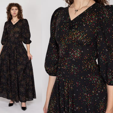 XS 70s Black Cherry Polka Dot Print Maxi Dress | Boho Vintage 3/4 Sleeve V Neck Fit & Flare Gown 