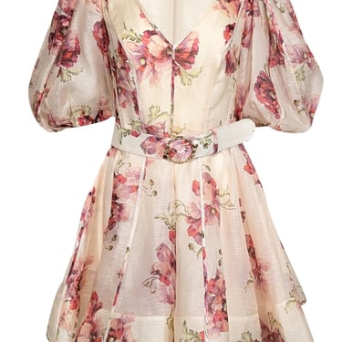 Zimmermann - Cream, Red, & Pink Floral Print Belted Puff Sleeve Dress Sz 8