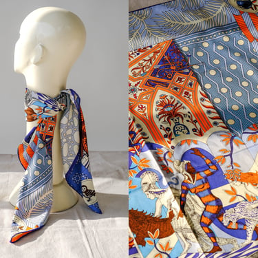 French Whimsical Fairy Tale Print Blue & Orange Hand Rolled Silk Scarf | Made in France | 100% Silk | 33 X 33 | French Designer Shawl Scarf 