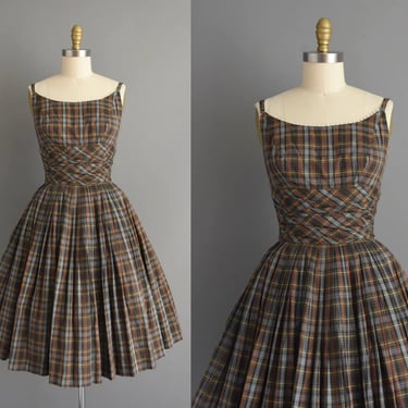 1950s vintage dress | Adorable Brown Plaid Print Sweeping Full Skirt Cotton Summer Sun Dress | Small | 50s dress 