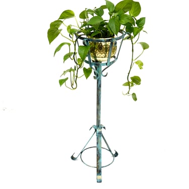 Vintage 30.5" Scrolled Wrought Iron Turquoise Gold Patina Plant Stand | Boho Rustic Shabby Chic Indoor/Outdoor Fern Stand 