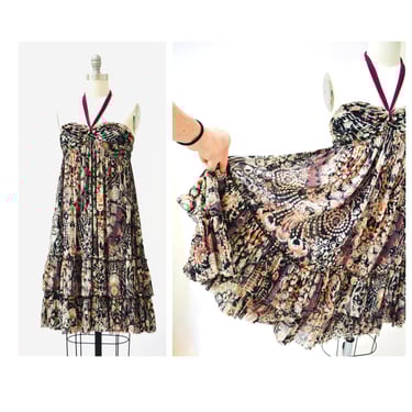 RARE 90s 00s Vintage Jean Paul Gaultier Soleil Sleeveless Mesh Dress Small Made in Italy Halter Neck Jewelry Jewel Print Babydoll Dress 