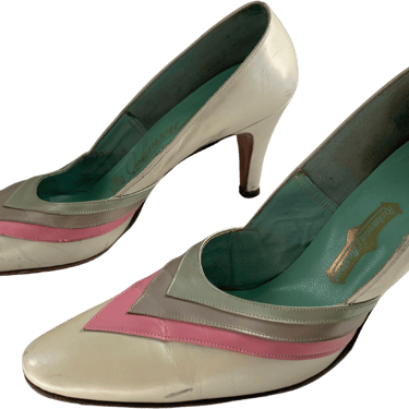 60s Pearl High Heels Ivory Pink Green 8 By Johansen