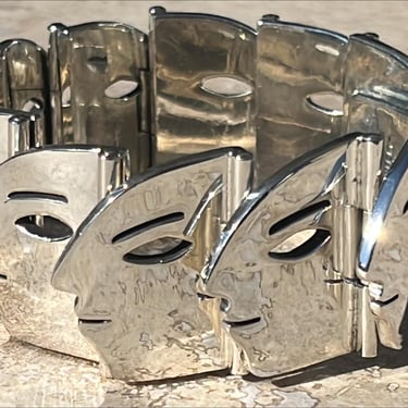 D'Molina ~ Mexican Sterling Silver Heavy Modernist Faces Link Bracelet - 125 Grams 