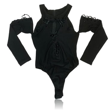90s Choker Lace Up Bodysuit Cold Shoulder Lace Up Front Sleeve Bodysuit Black  // Frederick's of Hollywood // Size Medium 