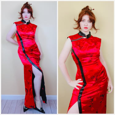 Y2K Vintage Lip Service Rayon / Nylon Cheongsam / Red Floral Brocade Faux Leather Side Slit Gown / Large 