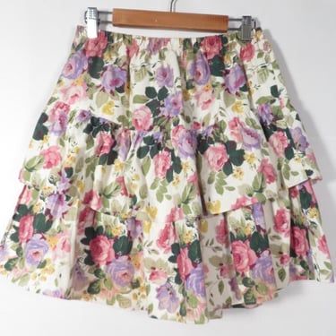 Vintage 80s Floral Cotton Ruffle Skirt Made In USA Size S/M 