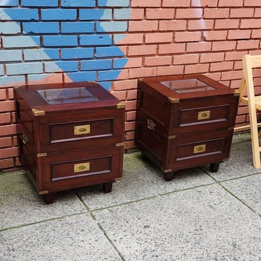 Anglo-Indian Campaign Bedside Stands or End Tables. Rosewood with Brass Hardware, Two Drawer with Top Glass Insert. $1276 pair