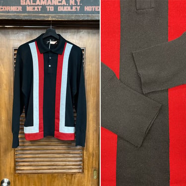 Vintage 1960’s Tri-Tone Jet Black Banlon Mod Rockabilly Knit Pull Over Shirt, 60’s Vintage Clothing 