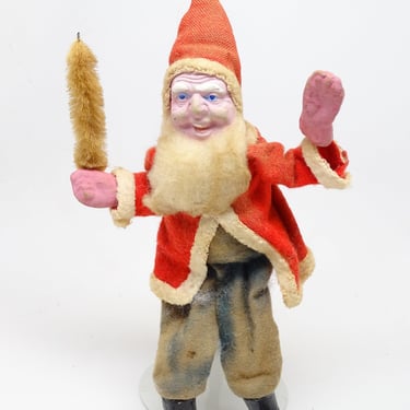 Antique 7 3/4 Inch SANTA With Hand Painted Clay Face, Faux Feather Tree, Christmas Toy, Vintage Retro Decor 