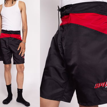 90s Speedo Board Shorts - Size 36 | Vintage Black Red Color Block Long Swim Shorts 
