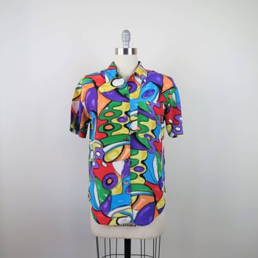 Vintage 1980s silk blouse, bold, colorful, abstract print 