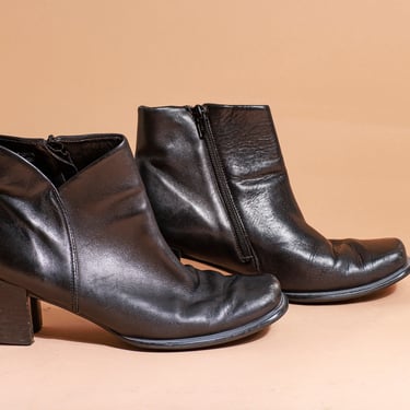 90s Black Leather Square Toe Short Boots Vintage Zipper Heel Ankle Boots 