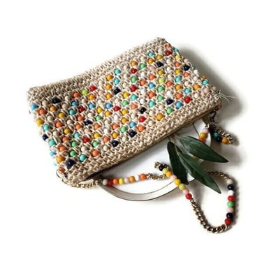 Vintage Stein Novelty Imports Multi Color Beaded Raffia Straw Shoulder Purse/1960s Mid Century Mod MCM Boho Fashion Accessory/ Made in Japan 