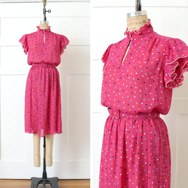 vintage 1980s hot pink polka dot dress • ruffle sleeves & collar belted flirty day dress 