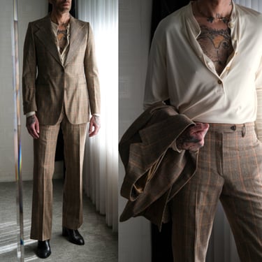 Vintage 70s PIERRE CARDIN BOUTIQUE Brown & Orange Tartan Plaid Wool Flare Leg Suit | Made in France | 100% Wool | 1970s French Designer Suit 
