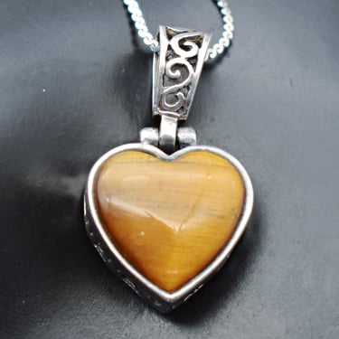 80's sterling tiger eye dimensional heart pendant, ornate 925 silver serpentine chain sweetheart necklace 