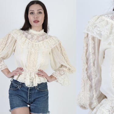 Ivory Lace Victorian Style Blouse / Vintage 70s See Through Antique Top / High Neck Floral Print Material / Large Billowy Balloon Sleeves 