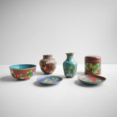 Vintage Chinese Cloisonne Vessels, Enameled Vase, Dish, Box, and Vase 
