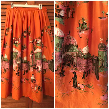 1950s Millworth Scenic Casbah Arabian Novelty Print  Border Skirt 50s Orange Cotton 